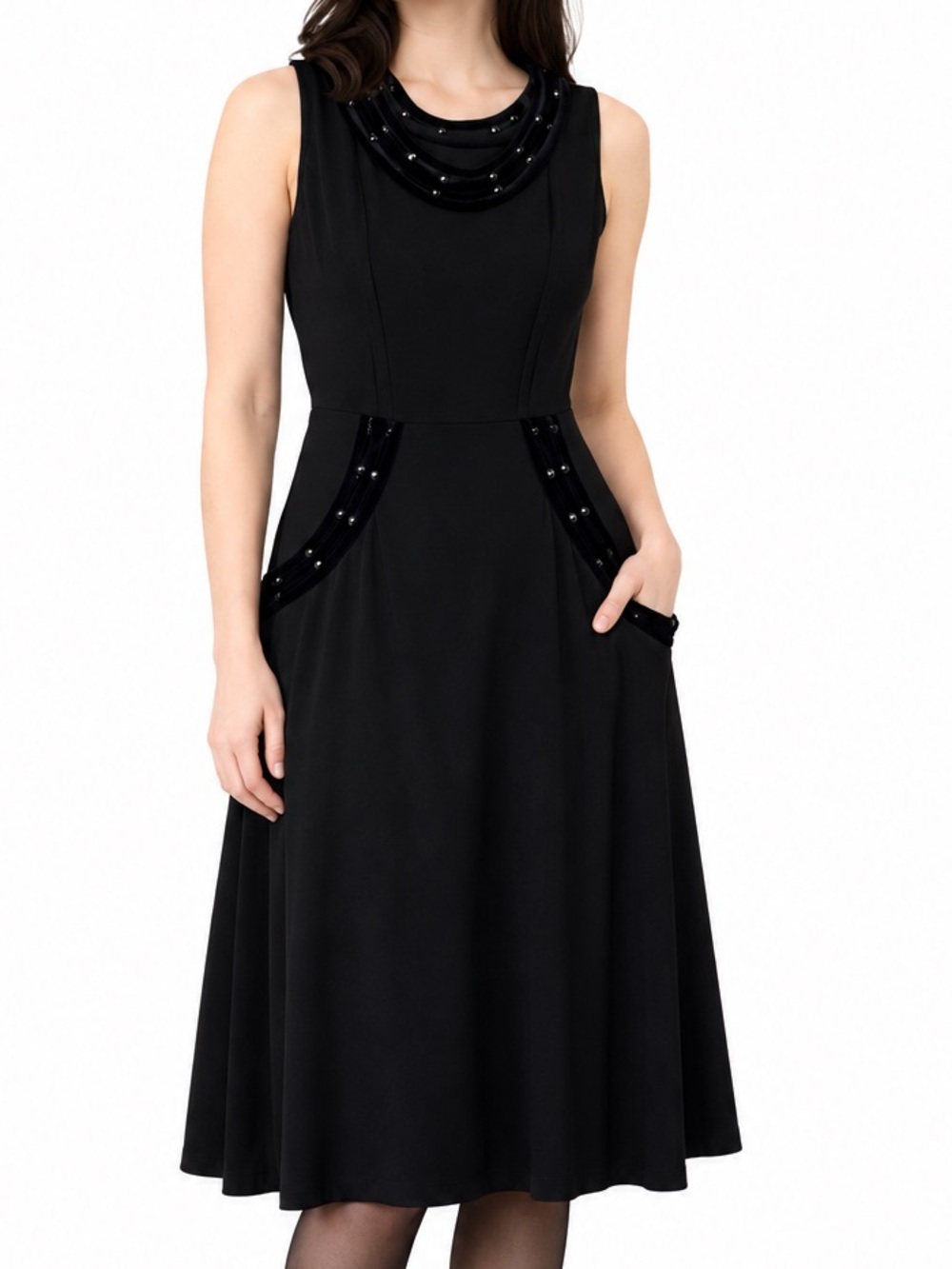 Vintage Black Velvet & Sparkle Trim A-Line Dress – Size Small